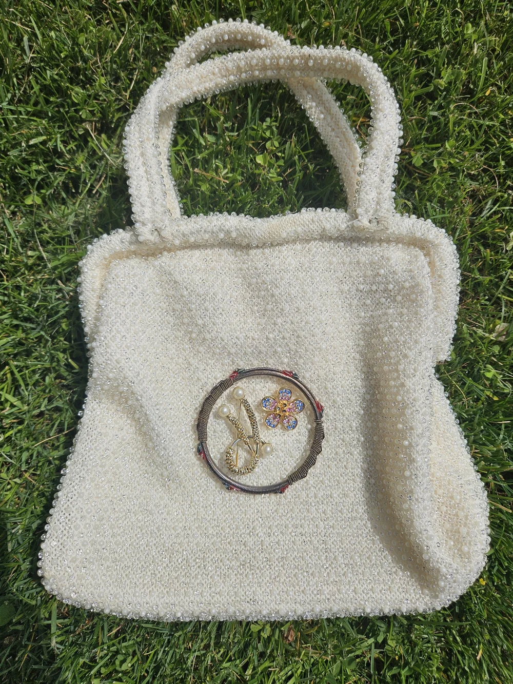 Pearl-Embellished Ivory Handbag Bag - Picture 1 of 9